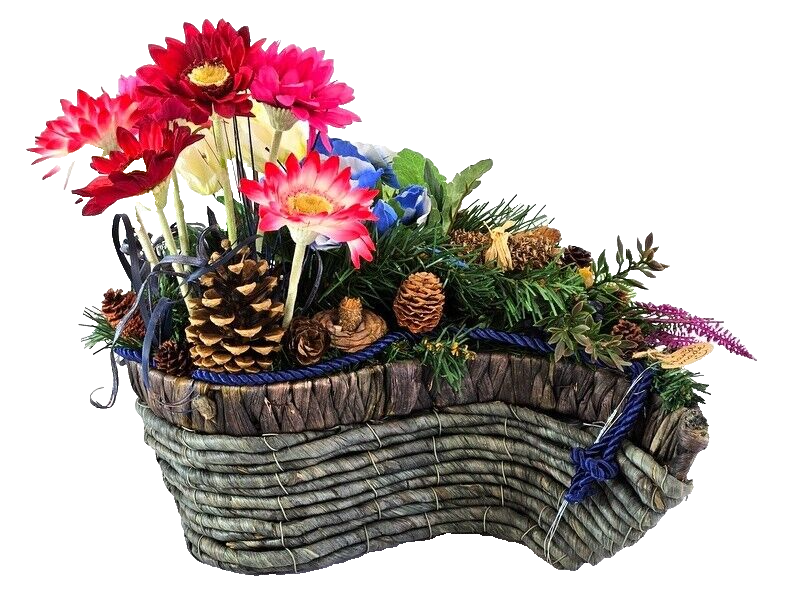 Grabschmuck Gesteck künstliche Blumen Tropfen Rosa Blau Exoten Zapfen Friedhof