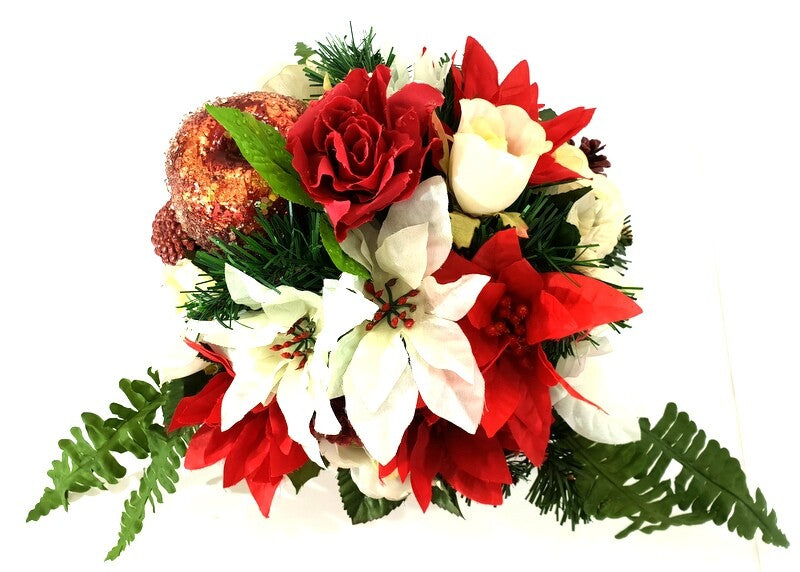 Grabgesteck Schale Weiß Rot Weihnachtsstern Rosen Seidentanne Zapfen Kunstblumen