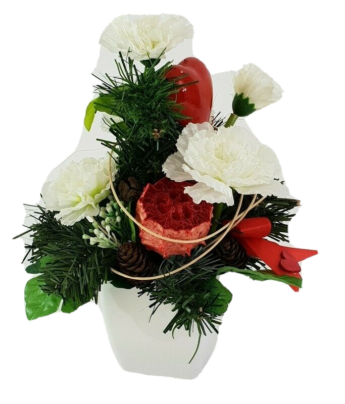 Gesteck Weiß Rot Seide Herz Nelken Kunstblumen künstliche Blumen Dekoration