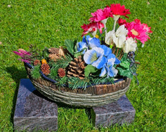Grabschmuck Gesteck künstliche Blumen Tropfen Rosa Blau Exoten Zapfen Friedhof