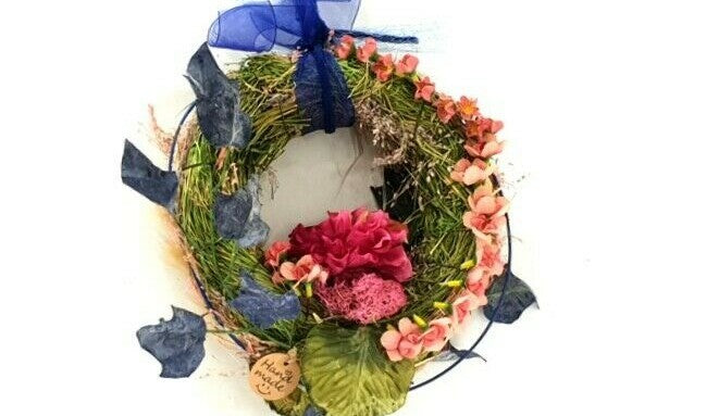 Kranz künstlich trocken beidseitig dekoriert Blau Rosa Dahlie Lagurus 20 cm