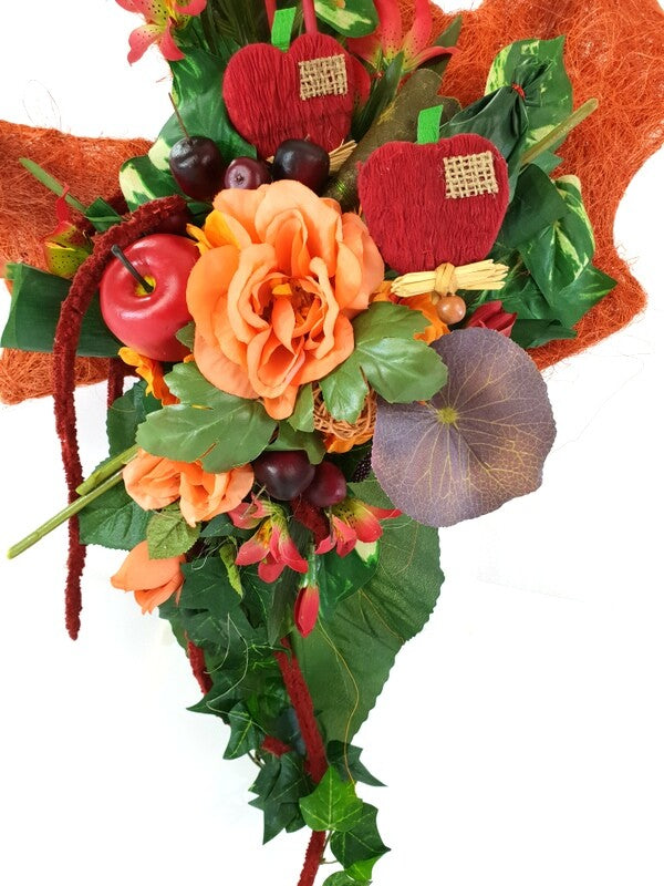 Gesteck Seide Ahornblatt Trocken Lachs Rot Kunstblumen Rosen Äpfel Früchte Deko