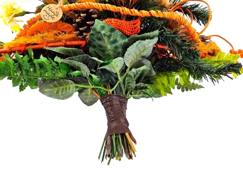 Grabstrauß Gelb Orange Naturmaterial künstliche Blumen Querstrauß Friedhof