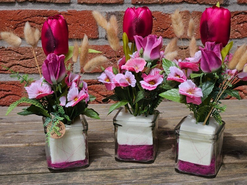 Casa-Poador Gesteck Kunstblumen Tulpen Lagurus Glas künstlich Geschenk Deko
