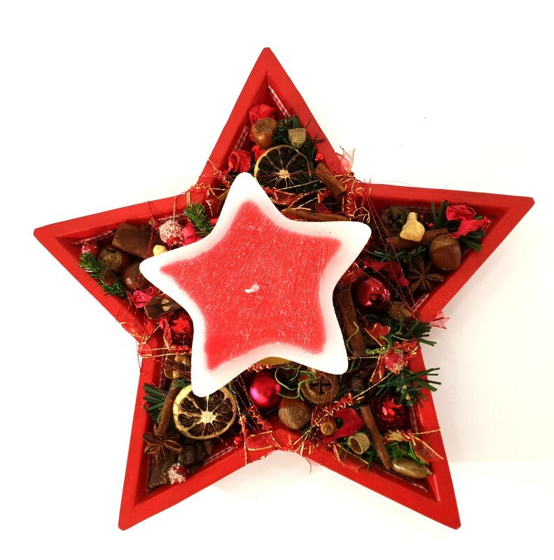 Adventsgesteck Weihnachten Tischschmuck Sternteller Kugeln Anis Zimt Kerze