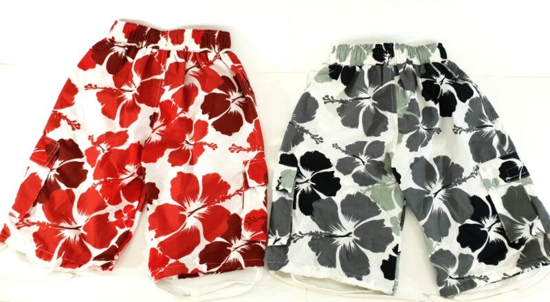 Badehosen Kinder 128-140 3 für 2  Badeshorts Hibiskus Shorts geblümt Rot Schwarz