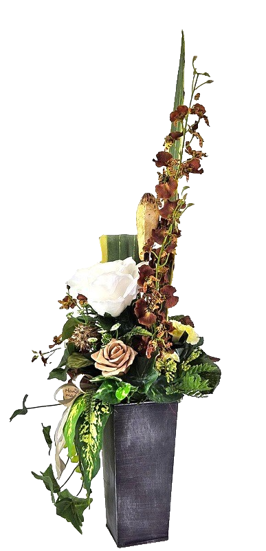 Orchideengesteck Seide Rostbraun Kunstblumen Metallgefäß konisch 70cm Dekoration