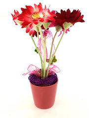 Gesteck Topfblume Gerbera Rosa Pink Kunstblumen Keramikgefäß rund Dekoration
