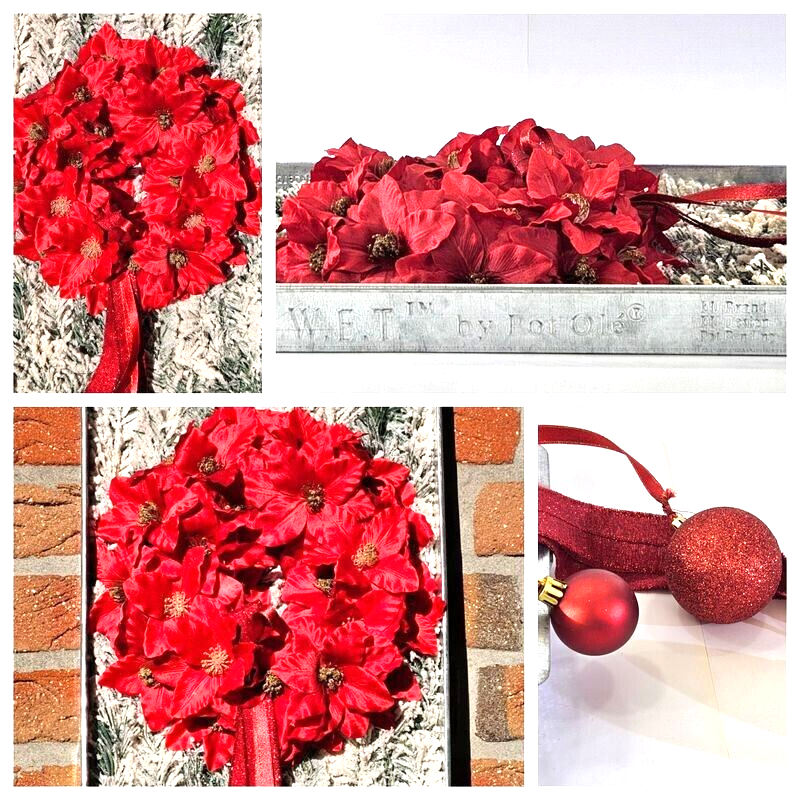 Wandbild Wand Deko Zink Schale mit künstlichen roten Weihnachtsternen Dekoration