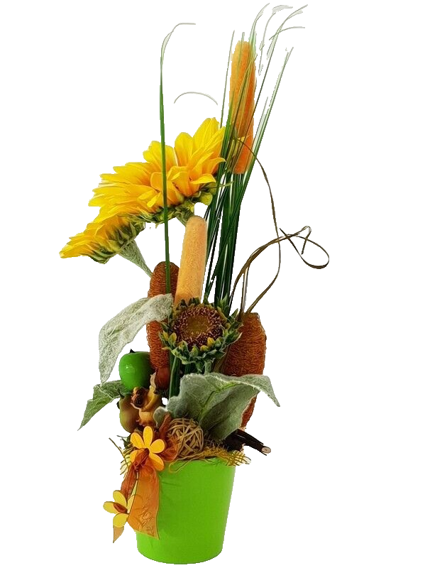Gesteck Kunstblumen Sonnenblumen Mais im Topf Gelb Orange Figur Früchte