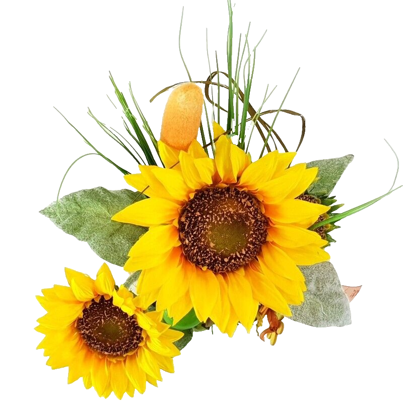 Gesteck Kunstblumen Sonnenblumen Mais im Topf Gelb Orange Figur Früchte