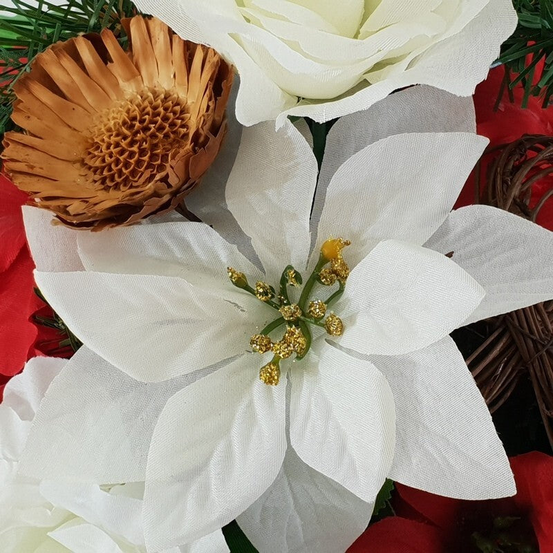 Casa-Poador Grabgesteck Schale Rot Weiß Weihnachtsstern Rosen Kunstblumen Zapfen