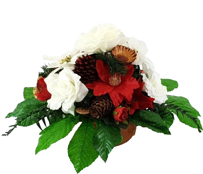 Casa-Poador Grabgesteck Schale Rot Weiß Weihnachtsstern Rosen Kunstblumen Zapfen