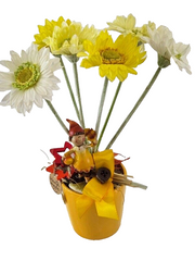 Topfblume Gerbera Gelb Weiß Kunstblumen Keramikgefäß rund Figur Blätter Geschenk