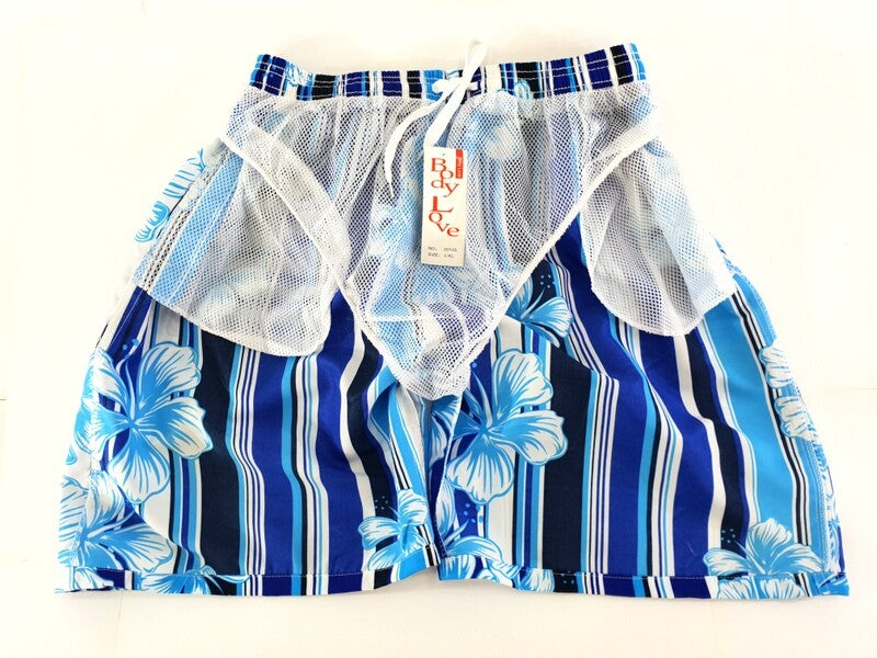 Badehose Badeshorts L / XL Blautöne Mix Lotus Shorts geblümt gestreift Freizeit