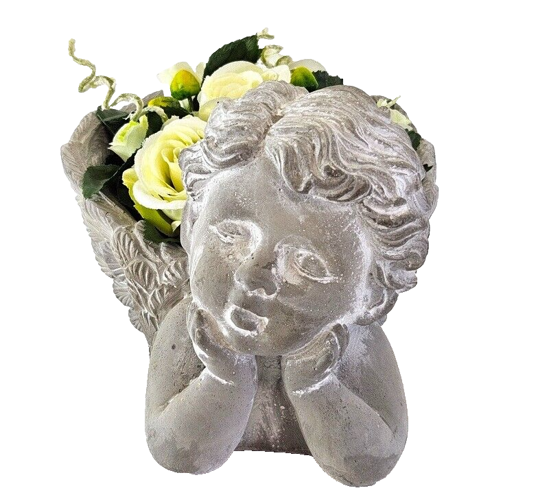 Casa-Poador Gesteck künstlich in Engelschale Beton Weiß Grau Kunstblumen 14 cm H