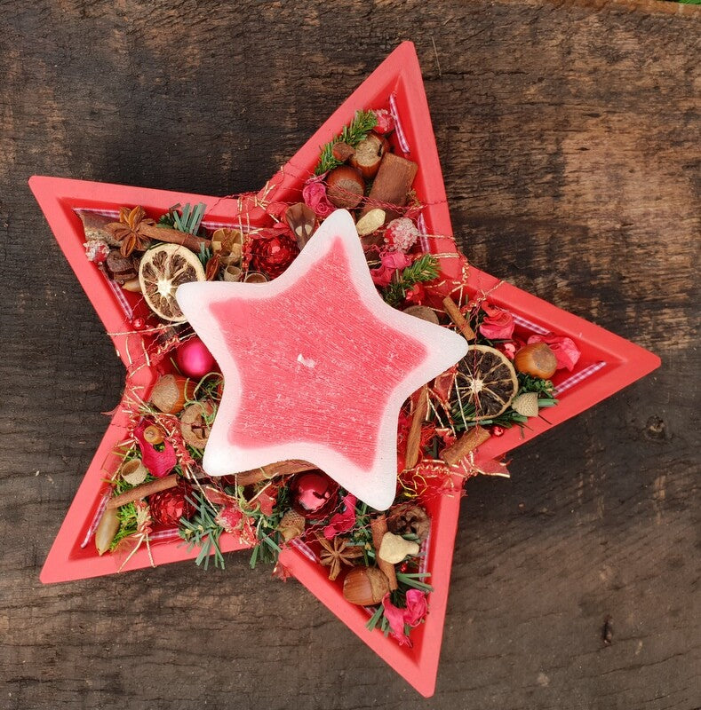 Adventsgesteck Weihnachten Tischschmuck Sternteller Kugeln Anis Zimt Kerze