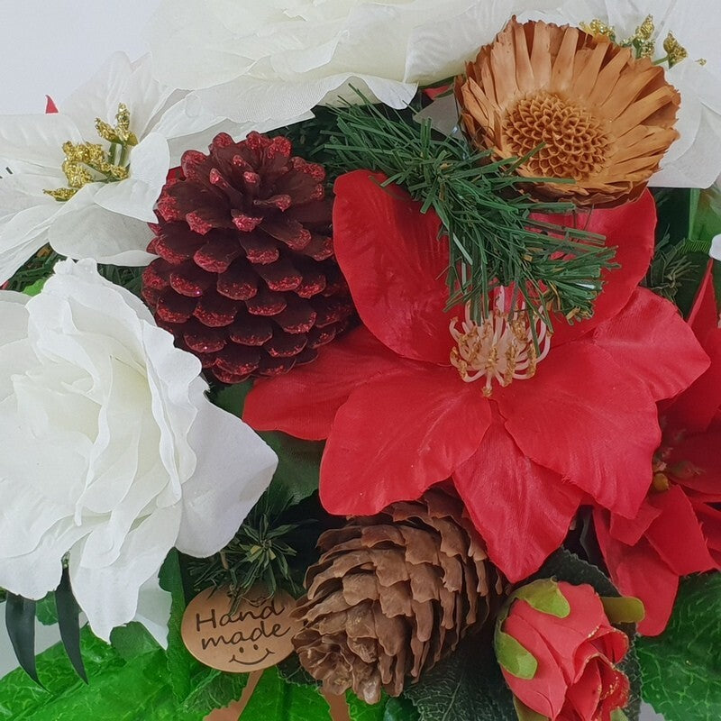 Casa-Poador Grabgesteck Schale Rot Weiß Weihnachtsstern Rosen Kunstblumen Zapfen