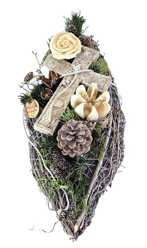 Grabschmuck Gesteck künstliche Blumen ellipse Weiß Naturmaterial Friedhof