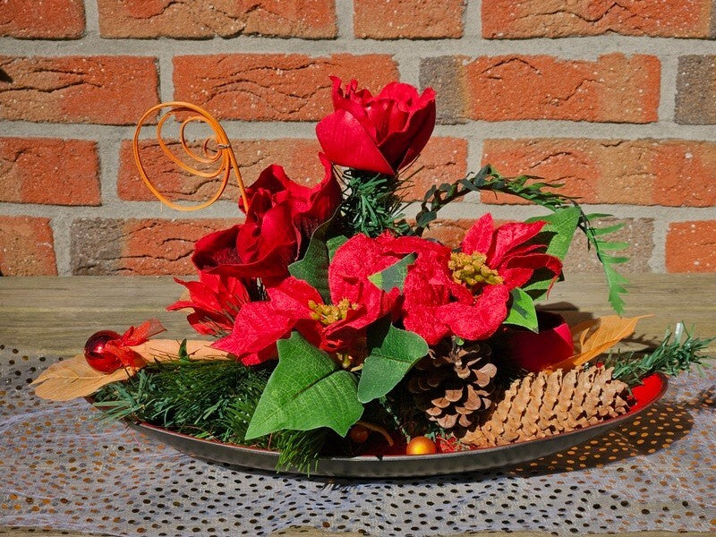 Casa-Poador Weihnachtsgesteck Schale rotOrange Amaryllis W-Sterne künstlich Deko