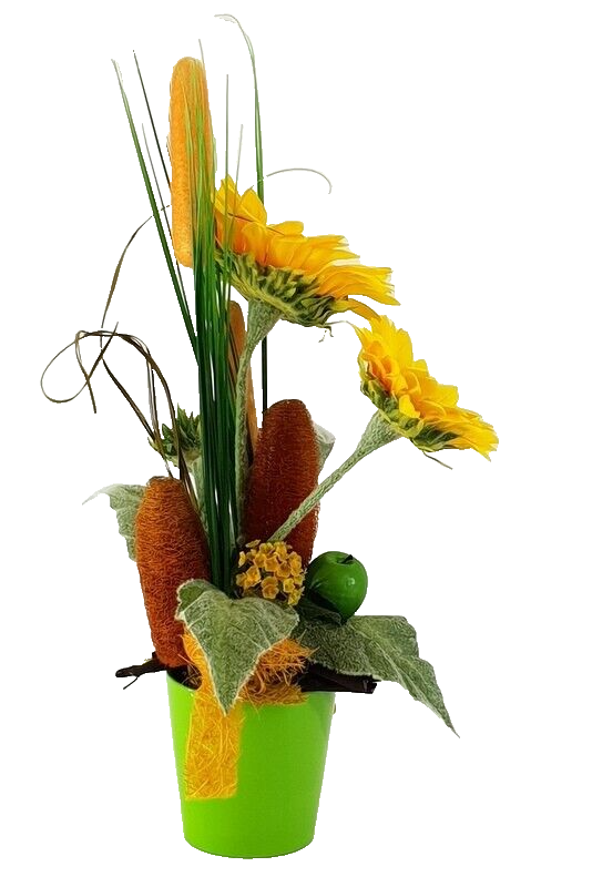 Gesteck Kunstblumen Sonnenblumen Mais im Topf Gelb Orange Figur Früchte