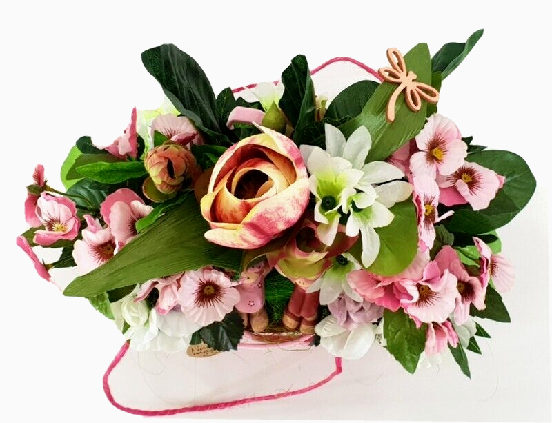 Gesteck Seide Rosa Weiß Kunstblumen Sisaltasche Frühling Magnolie Figuren 32 H