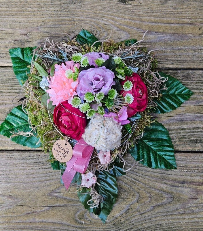 Grabschmuck Herz Gesteck Rose Baumwolle Kunstblumen Natur Allerheiligen Gedenken