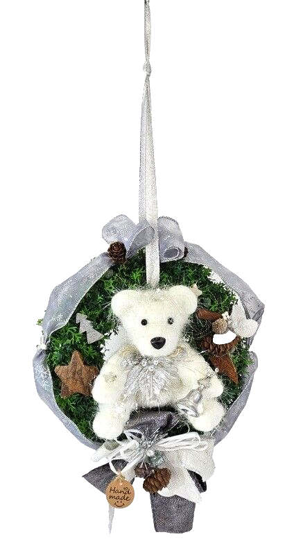 Kranz Türkranz Wandkranz Weiß Silber künstlich Thuja 21 cm Sterne Bär Zapfen