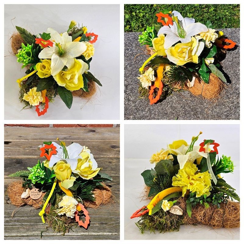 Grabschmuck Gesteck Moos Reisig Kissen künstliche Blumen RoseGelb Natur Friedhof