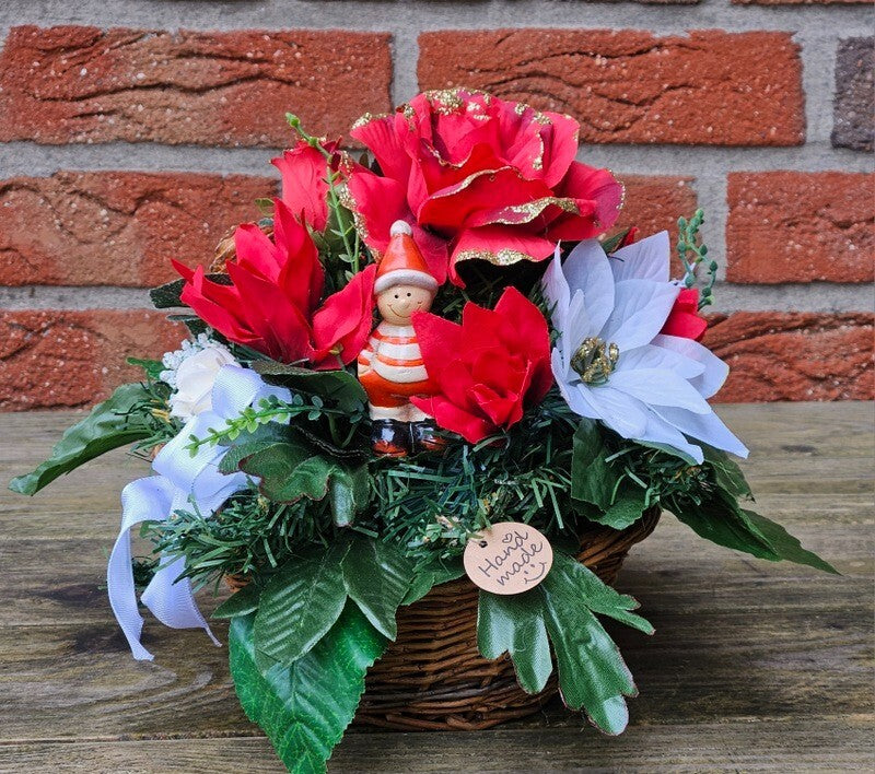 Casa-Poador Grabgesteck Rot Weiß Weihnachtsstern Rosen Kunsttanne Kunstblumen