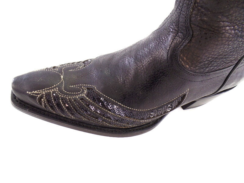 Westernstiefel 38 Schwarz Cowboystiefel Applikationen Paietten Leder spitz Rudel