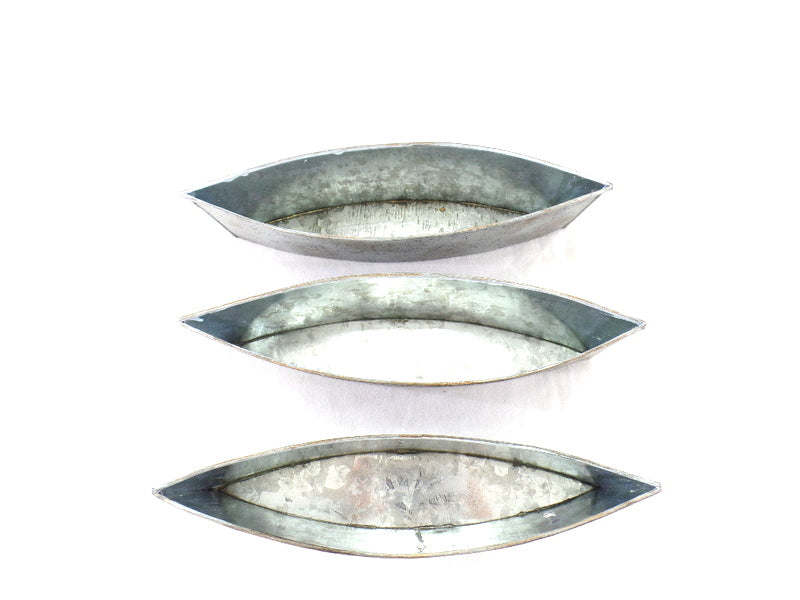 3 Metallgefäße Schiffchen Ellipsenform 30 x 8 x 6,5 blau grau Blumengefäß