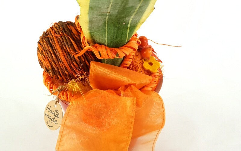 Gesteck Kunstblumen Topf rund Orange Sanseverie Topfblume künstlich Geschenk