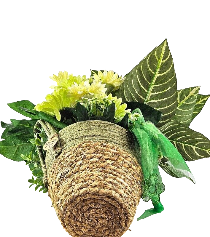 Casa-Poador Gesteck Kunstblumen Korb Topf rund Gelb Weiß Gummibaum Gerbera
