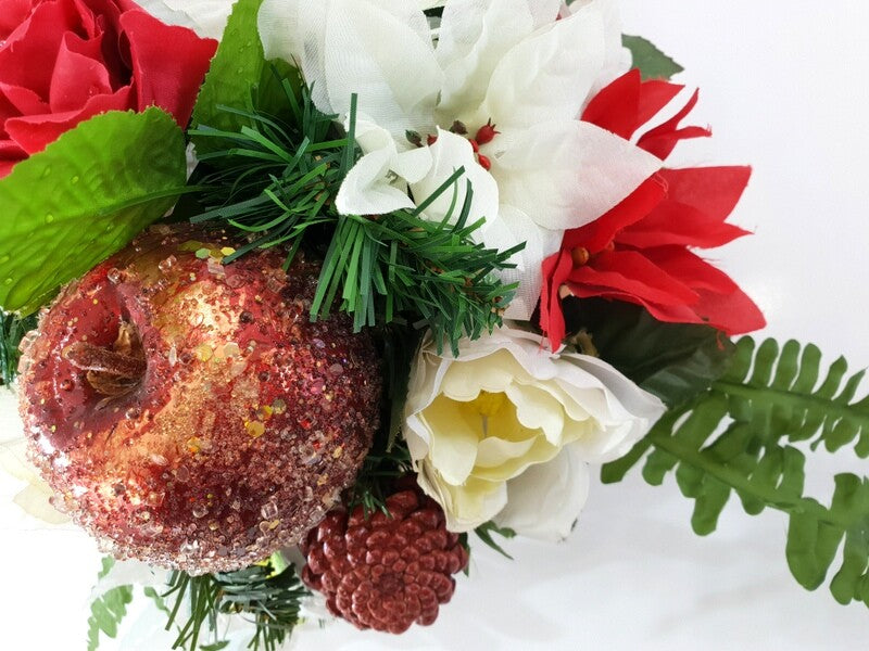 Grabgesteck Schale Weiß Rot Weihnachtsstern Rosen Seidentanne Zapfen Kunstblumen