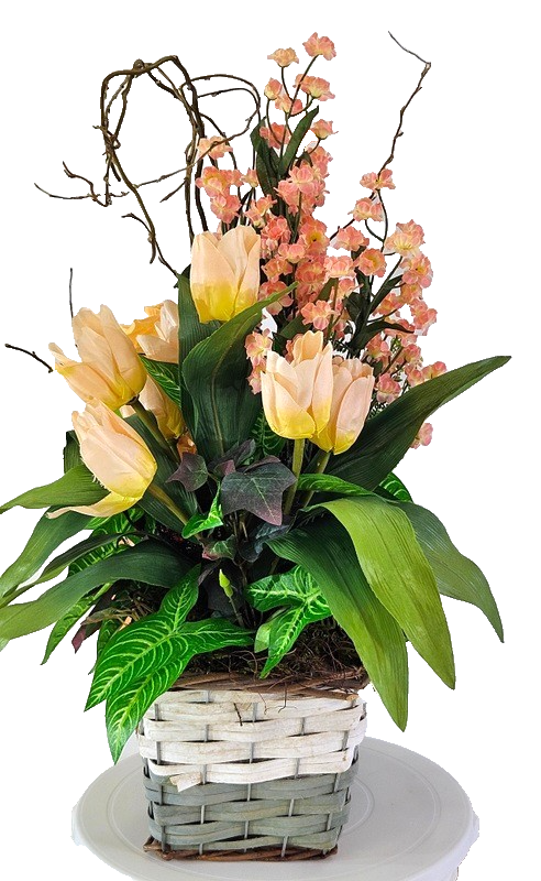 Casa-Poador Kunstblumengesteck im Korb Lachs Apricot Tulpen Rosen Deko Geschenk
