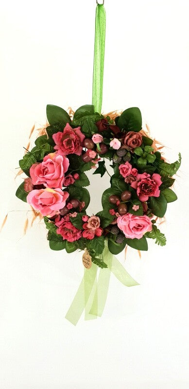 Kranz Tür / Wand Kranz künstlich wie echt Rosen Rosa Grün 25 cm Hafer