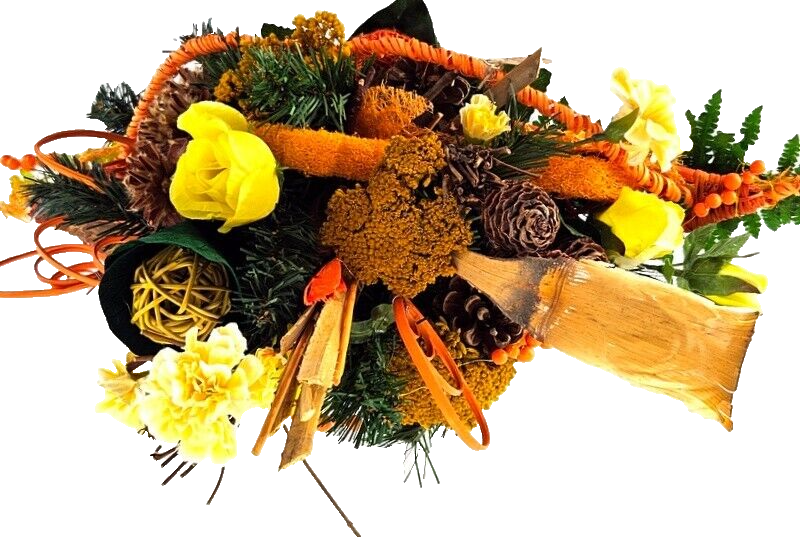 Grabstrauß Gelb Orange Naturmaterial künstliche Blumen Querstrauß Friedhof