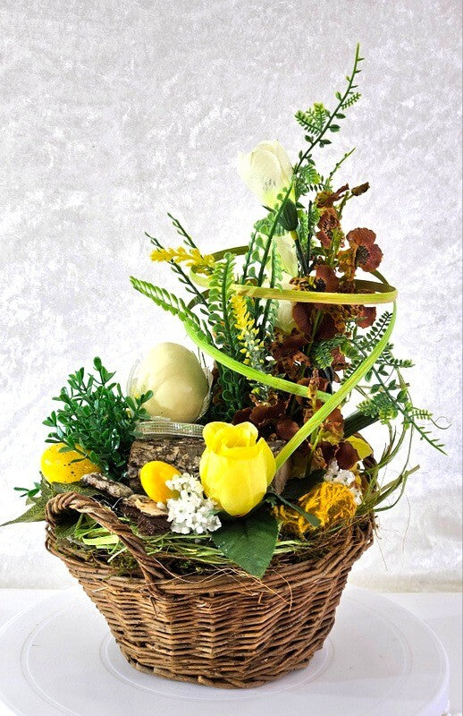 Casa-Poador Gesteck im Korb Osterglocken  Kunstblumen Frühling Hase Dekoration
