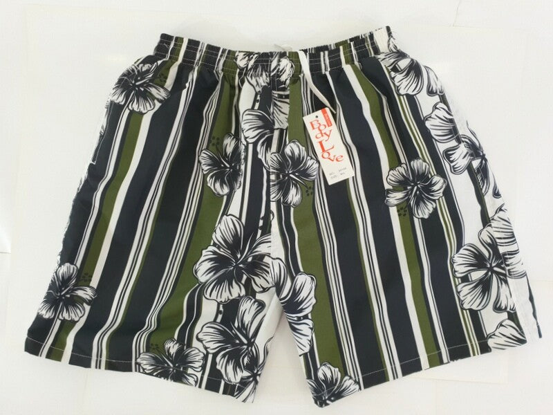 Shorts Badehose M/L Bermudas Lotus geblümt gestreift Schwarz Grün Weiß