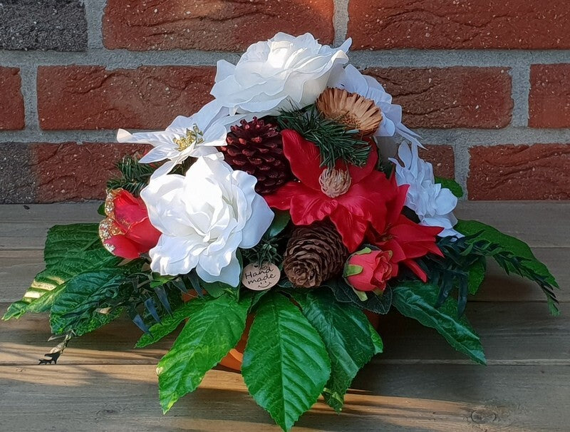 Casa-Poador Grabgesteck Schale Rot Weiß Weihnachtsstern Rosen Kunstblumen Zapfen