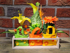 Gestecke 3 Stück in Holzbox Gelb Grün Orange Kunstblumen  Filztaschen Dekoration