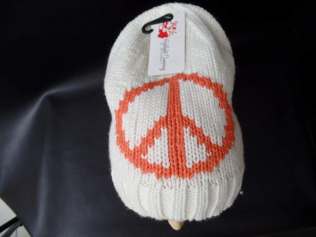 Mütze Strickmütze Weiß mit Peace Zeichen orange 100 % Acrylic Hightlight Company
