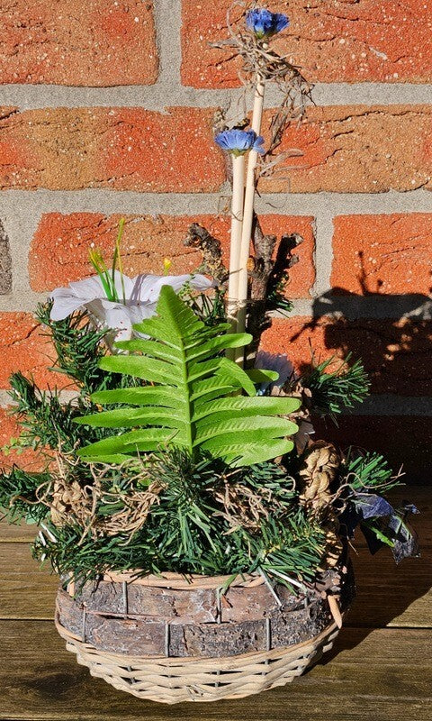 Casa-Poador Grabschmuck Grabgesteck Blau Weiß Lilien Zapfen Kunstblumen Tanne