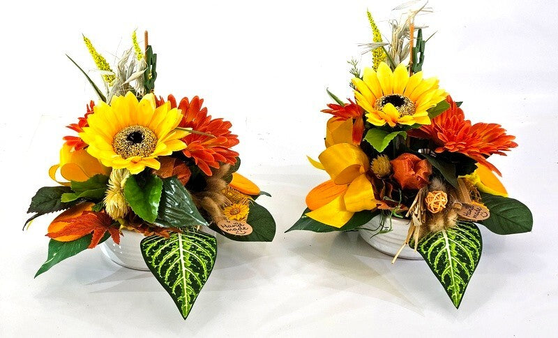 Gesteck 2 x Seide Gelb Orange Kunstblumen Sonnenblume Gerbera rund 25 cm Herbst