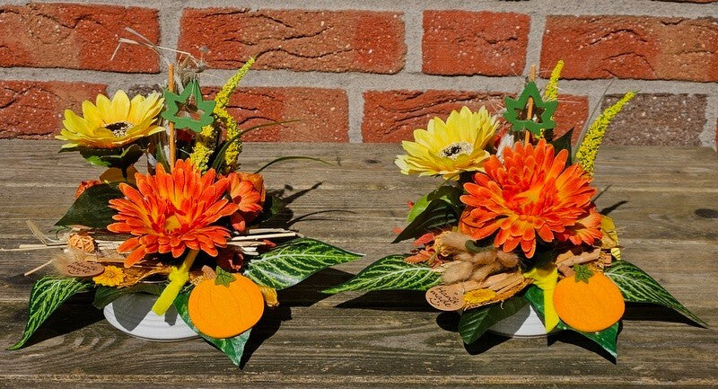 Gesteck 2 x Seide Gelb Orange Kunstblumen Sonnenblume Gerbera rund 25 cm Herbst