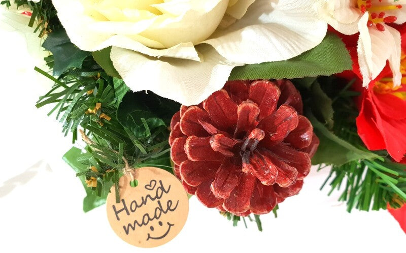 Grabgesteck Schale Weiß Rot Weihnachtsstern Rosen Seidentanne Zapfen Kunstblumen