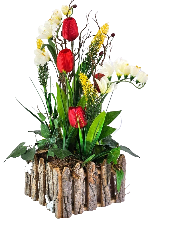 Casa-Poador Gesteck Kunstblumen Naturgefäß Tulpen Frühling FroschfigurDekoration