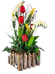 Casa-Poador Gesteck Kunstblumen Naturgefäß Tulpen Frühling FroschfigurDekoration