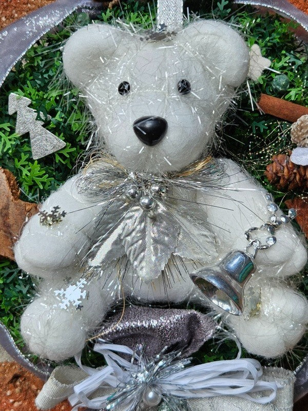 Kranz Türkranz Wandkranz Weiß Silber künstlich Thuja 21 cm Sterne Bär Zapfen